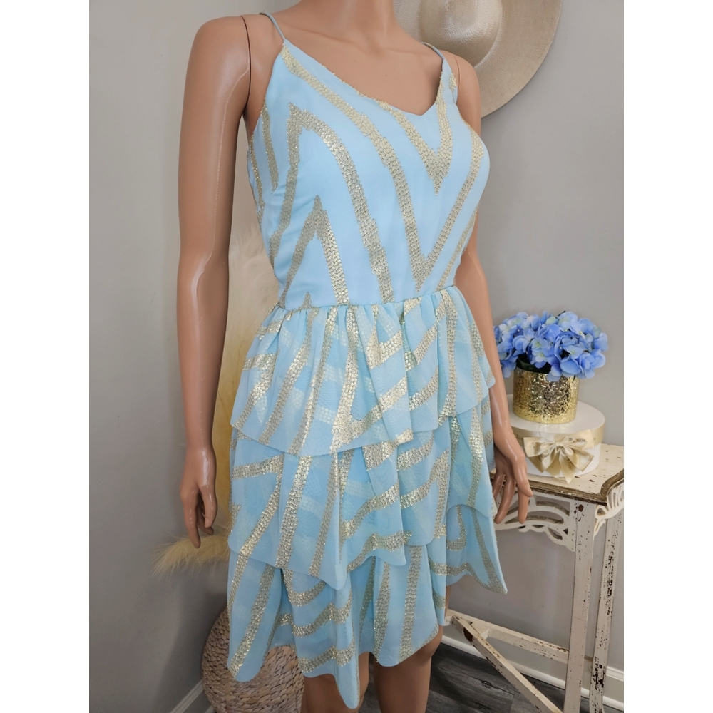 Badgley Mischka Mark & James Ice Blue Gold Metallic Striped Tiered Party Dress
